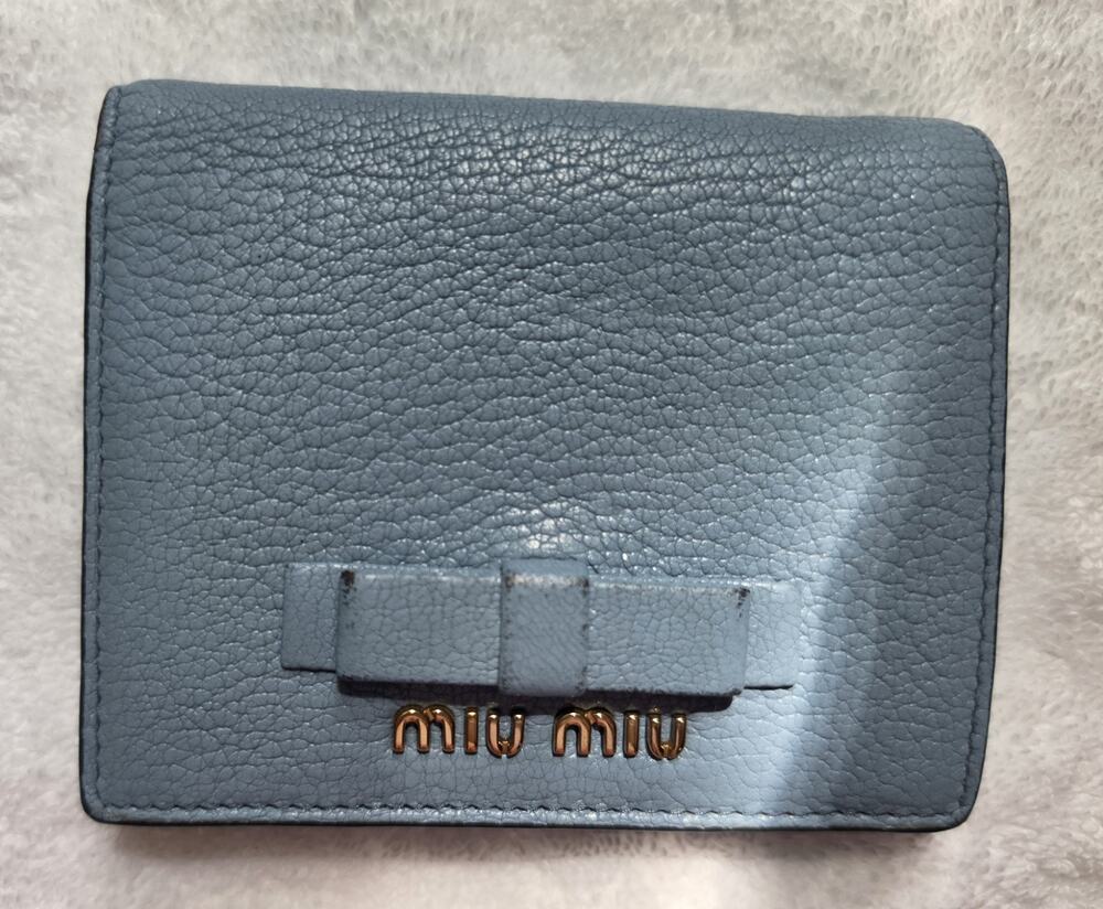 Miu Miu Women’s Blue Solid Bifold Wallet, Bow Logo, Snap Button w/COA